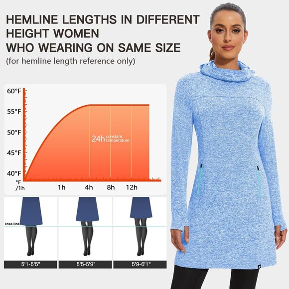 Women's Fleece Dress Running Sweatshirt Dress with Thumb Holes Pocket Light Blue - Picture 5 of 6